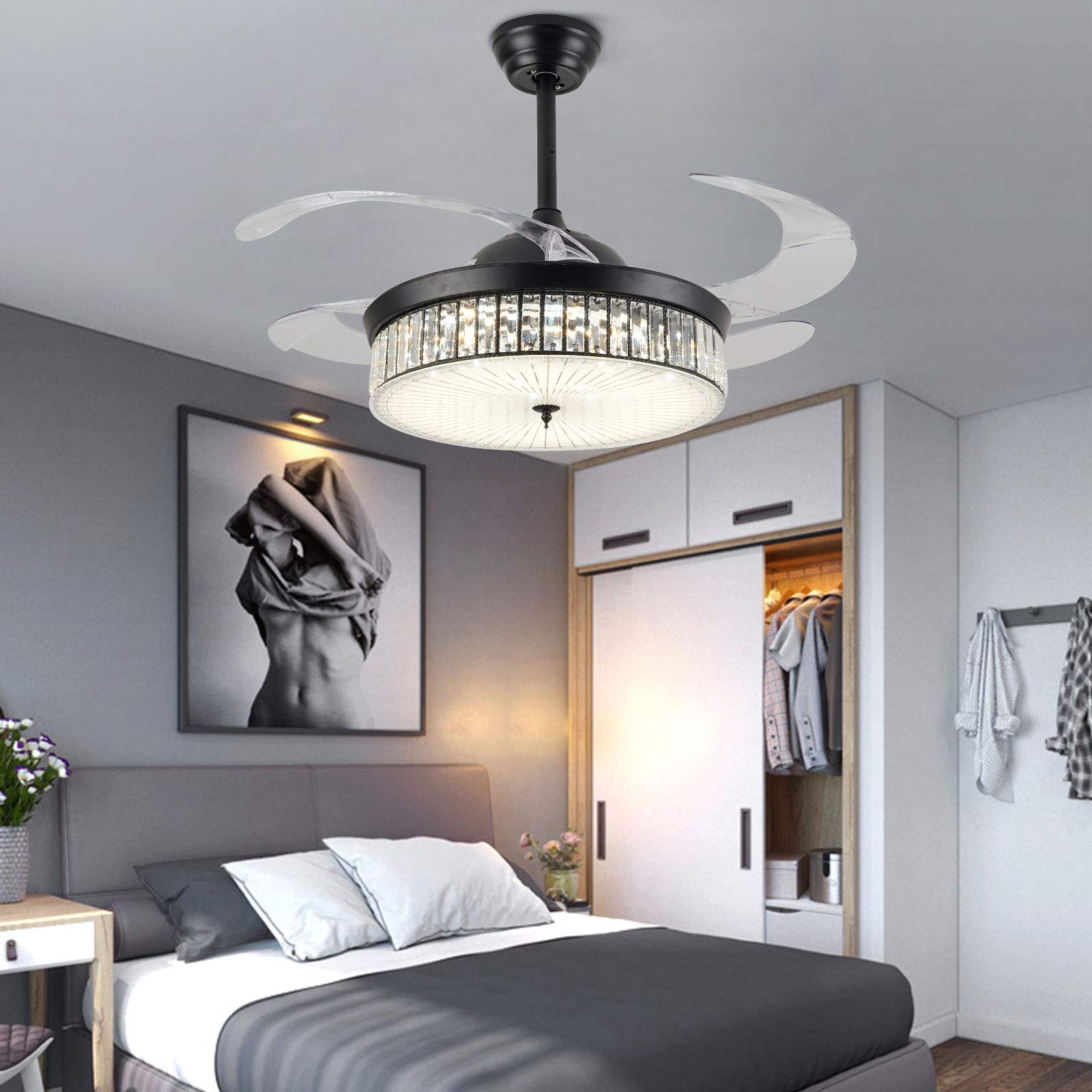 Ventilatore silezioso da soffitto a LED con luce 36W, 3 colori diversi e 3 velocità