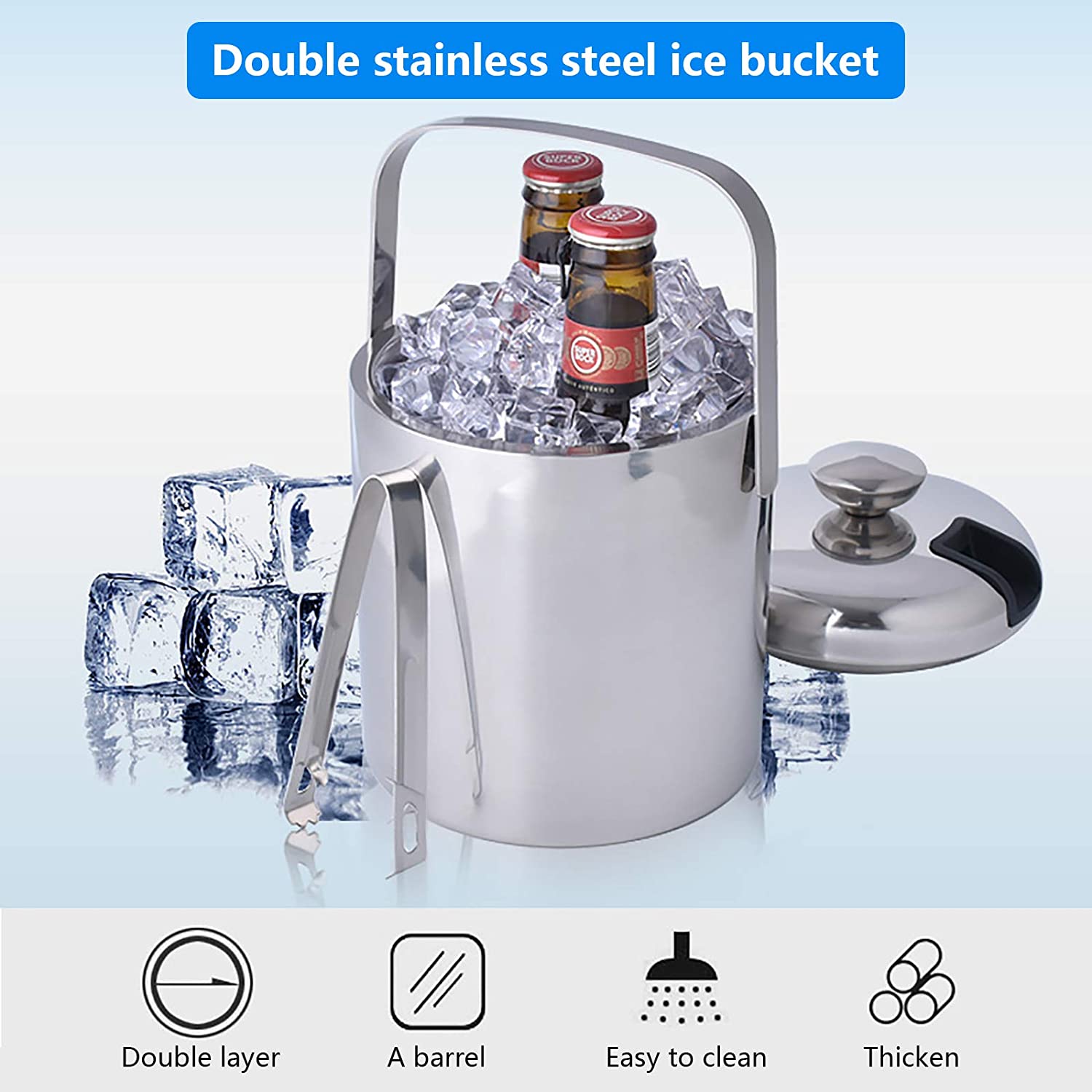 Vaschetta per cubetti di ghiaccio in acciaio inox con coperchio e pinze, contenitore per cubetti di ghiaccio da 1,3L