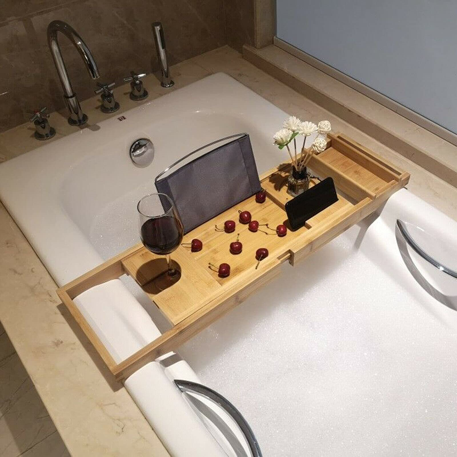 Vassoio per vasca da bagno - Vassoio per vasca da bagno regolabile, fatto di bambù, impermeabile