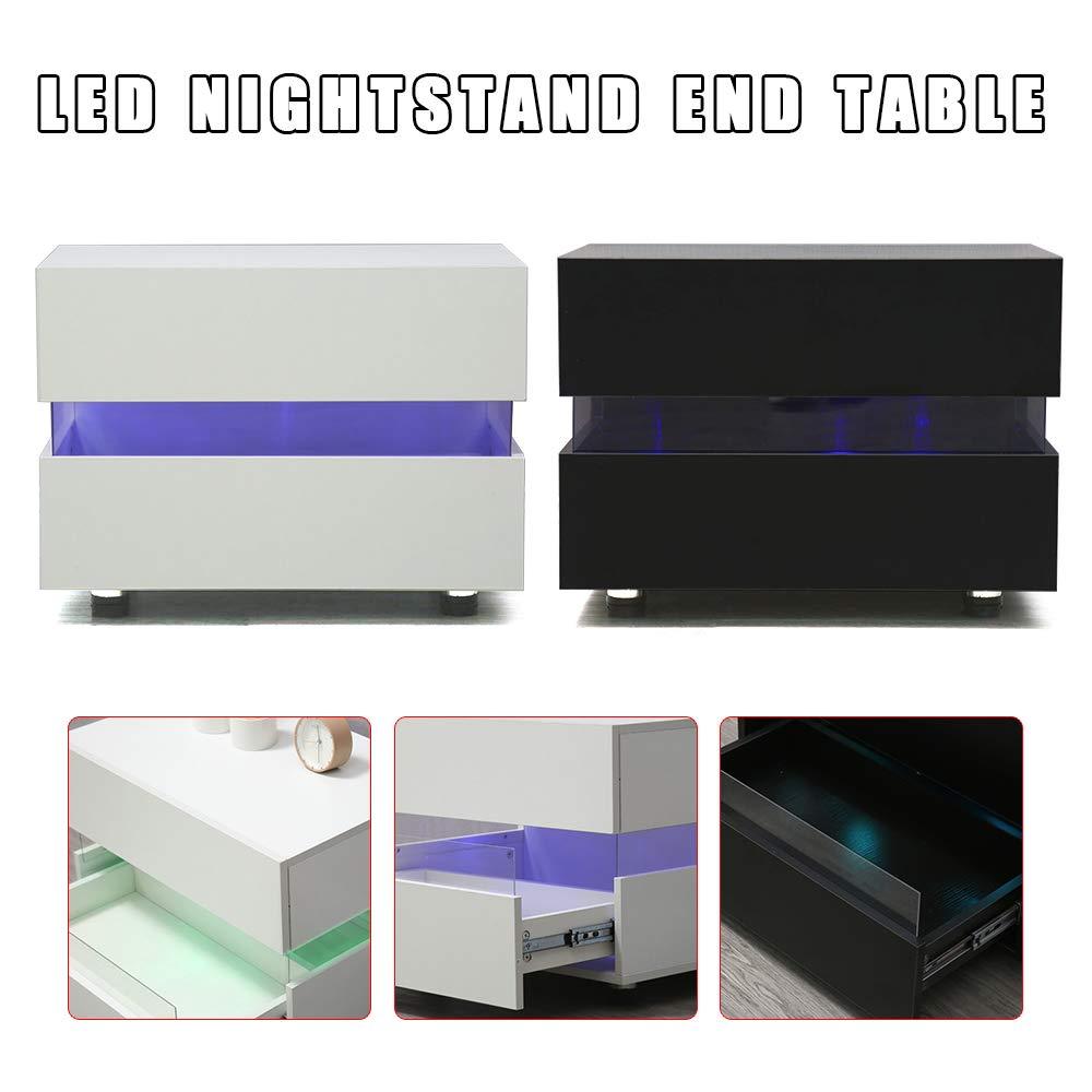 CNCEST (Nero/Bianco, 60 x 35 x 49 cm) Comodino LED Comodino con 2 cassetti