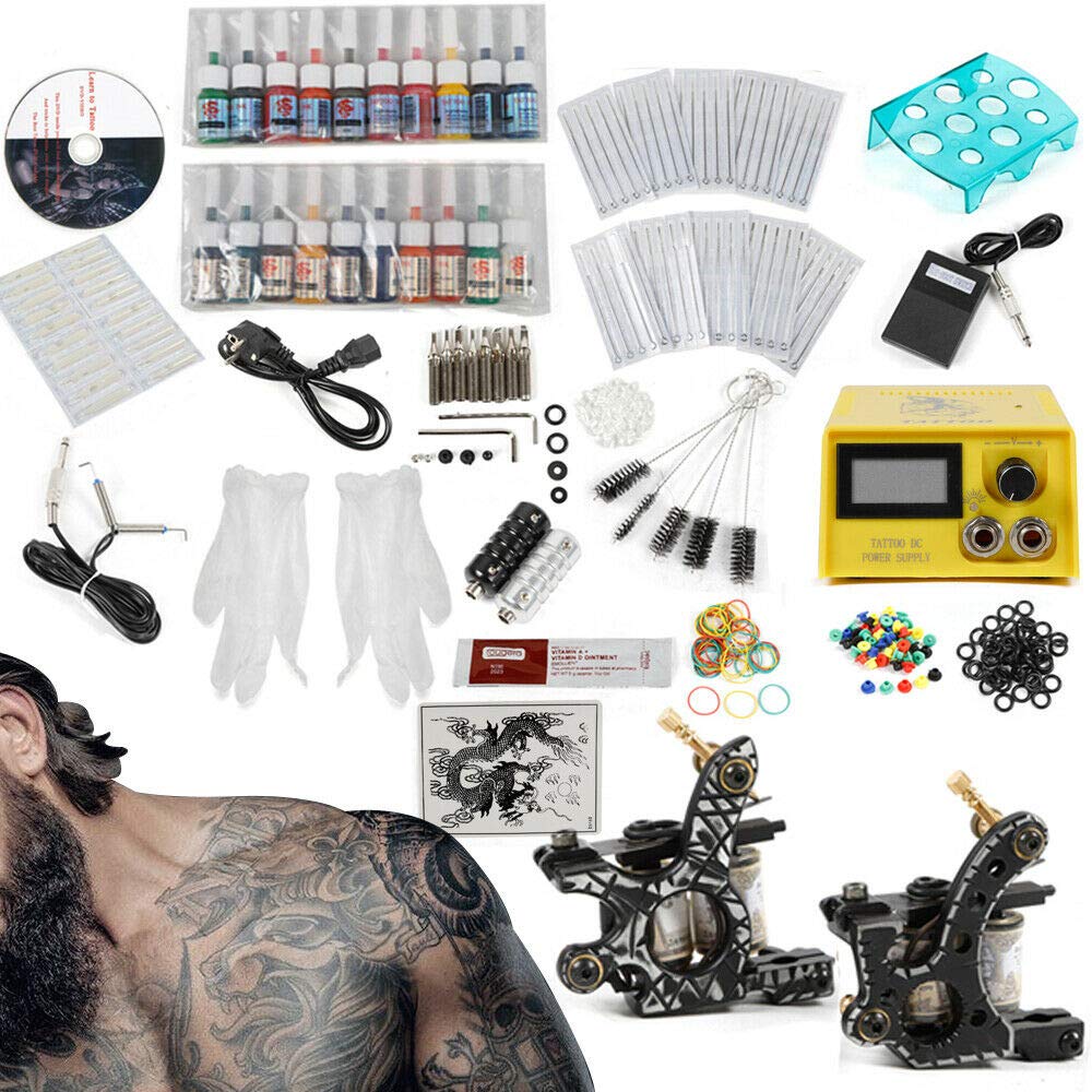 Macchina del tatuaggio set completo, set di tatuaggio professionale con 2 macchine per tatuaggio 20 colori, 50 aghi