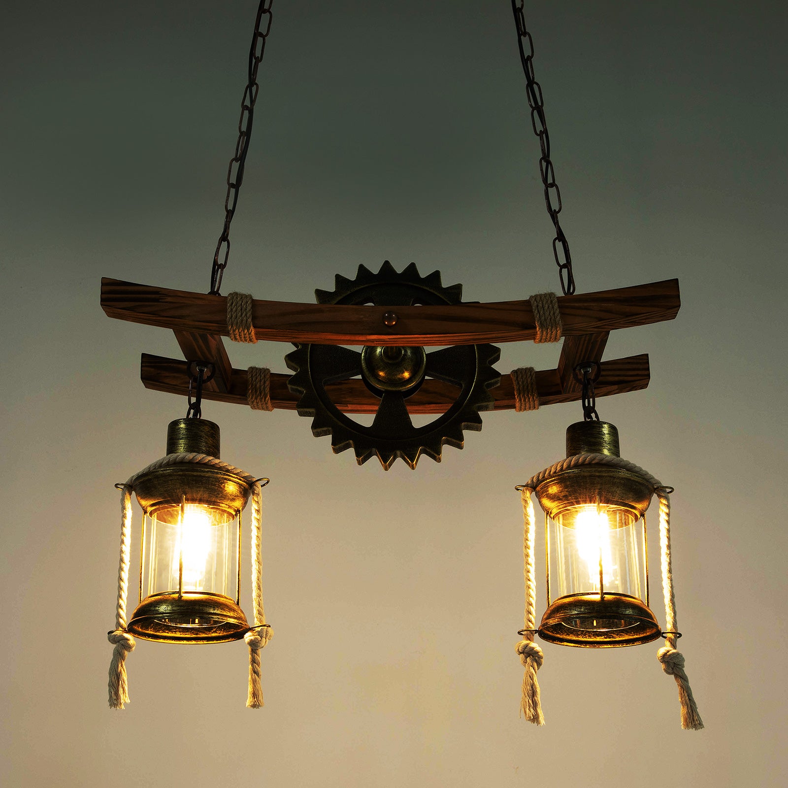 Lampadario retrò in legno, 2 teste metallo lampadario, lampada a sospensione regolabile